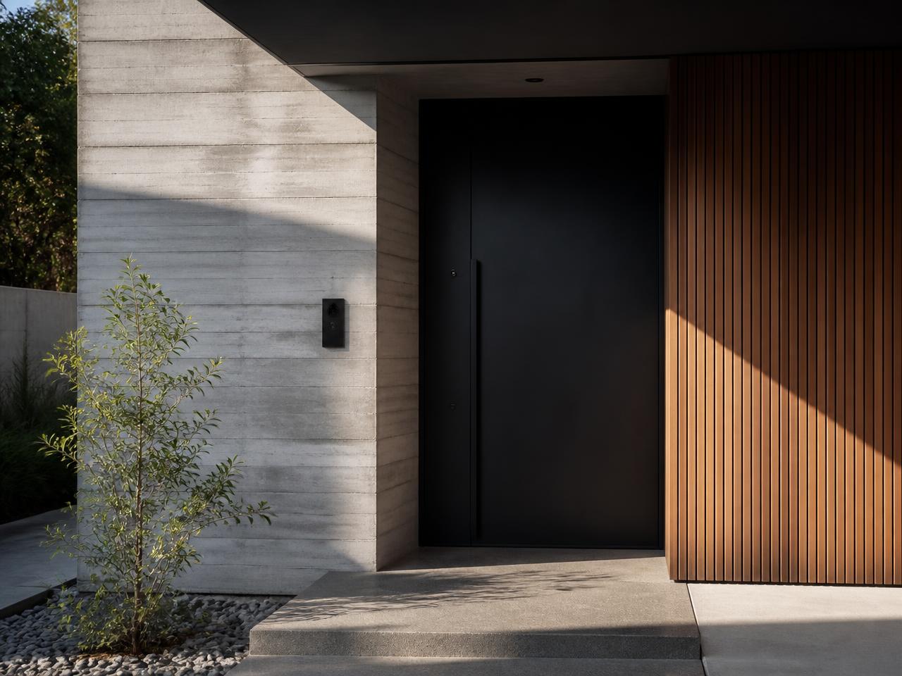 Architectural detail of a concrete and cedar home entry in morning light
