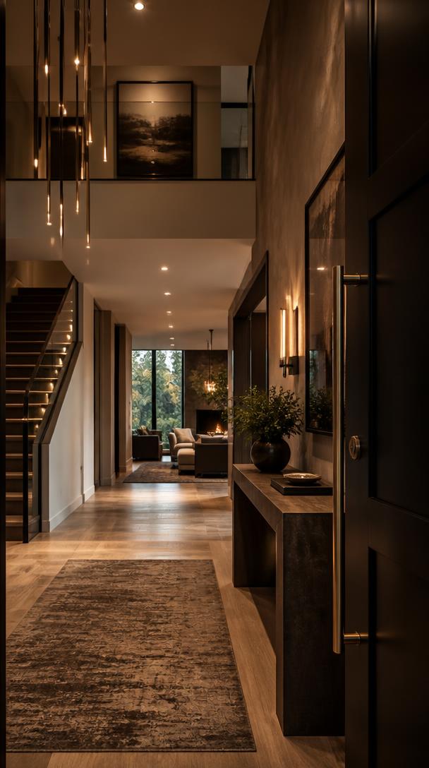 Vertical listing reel frame of a luxury home entryway lit at dusk