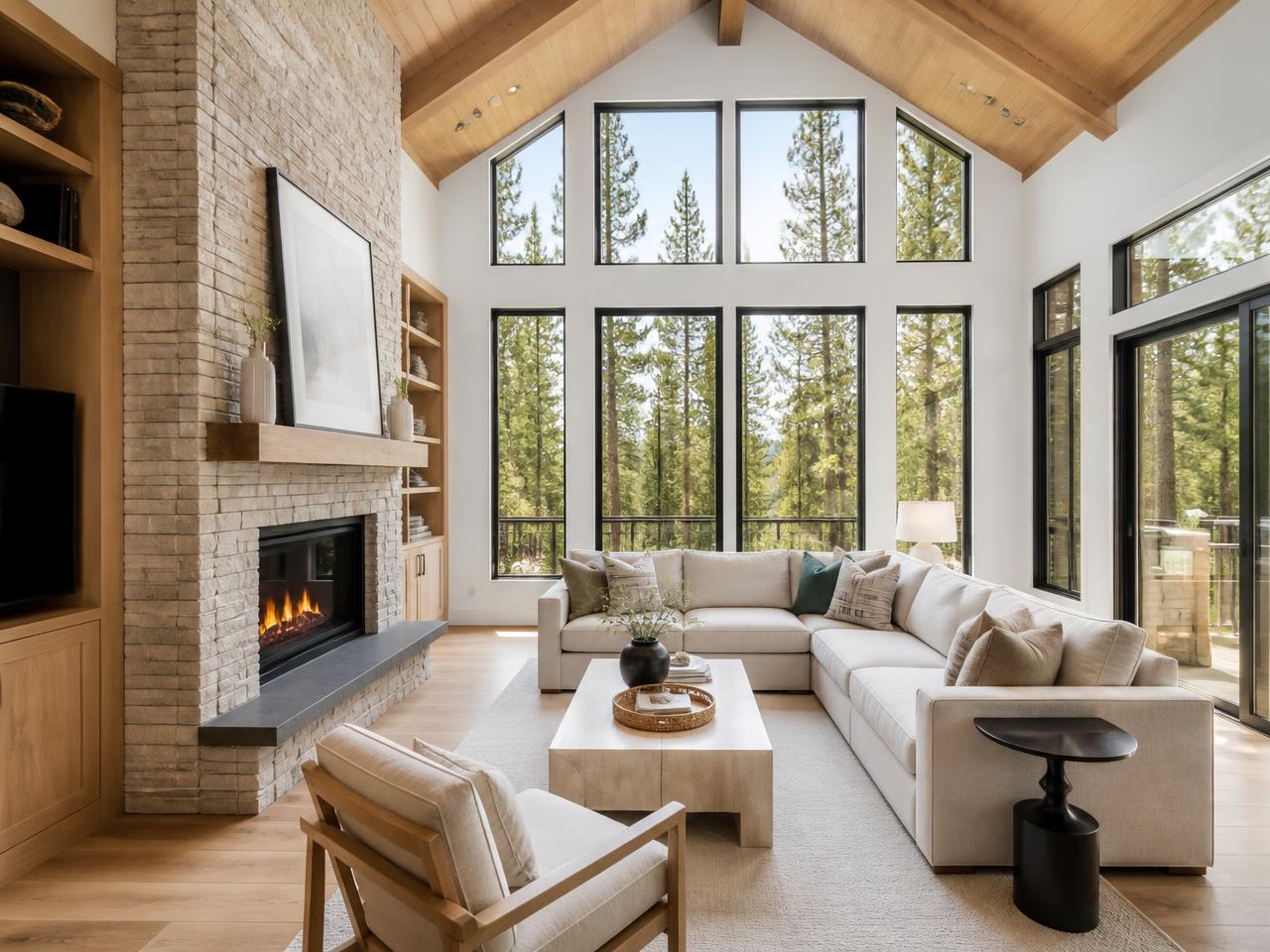 Great room with a vaulted wood ceiling and floor-to-ceiling stone fireplace in a Bend, Oregon home