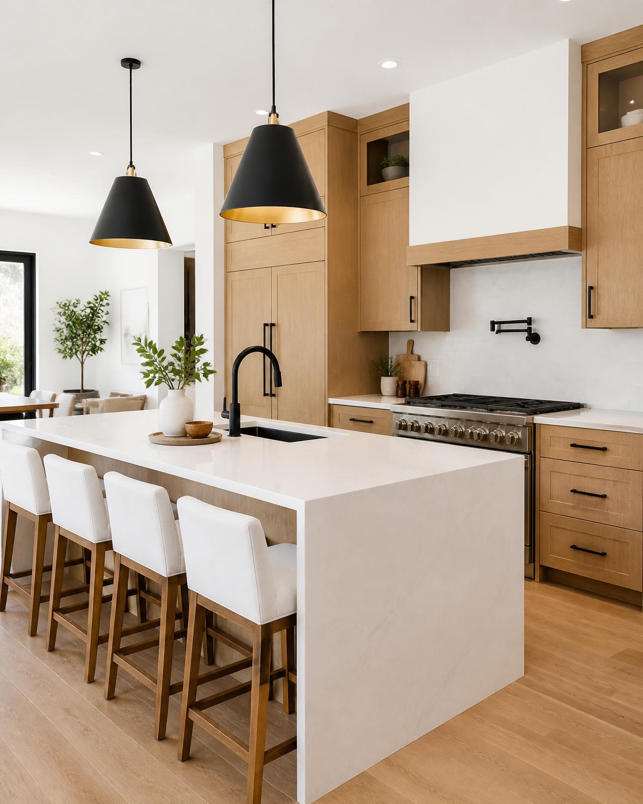 White oak kitchen with a quartz waterfall island photographed for a residential listing in Bend, Oregon