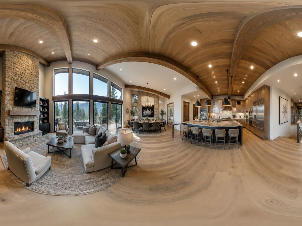 360 degree virtual tour view of an open-plan great room and kitchen in a Central Oregon home