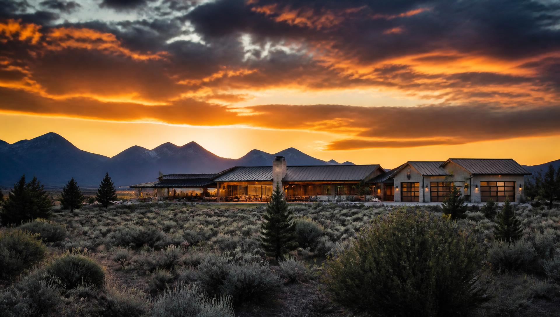 Contemporary Central Oregon property at sunset with the Cascade mountains behind it