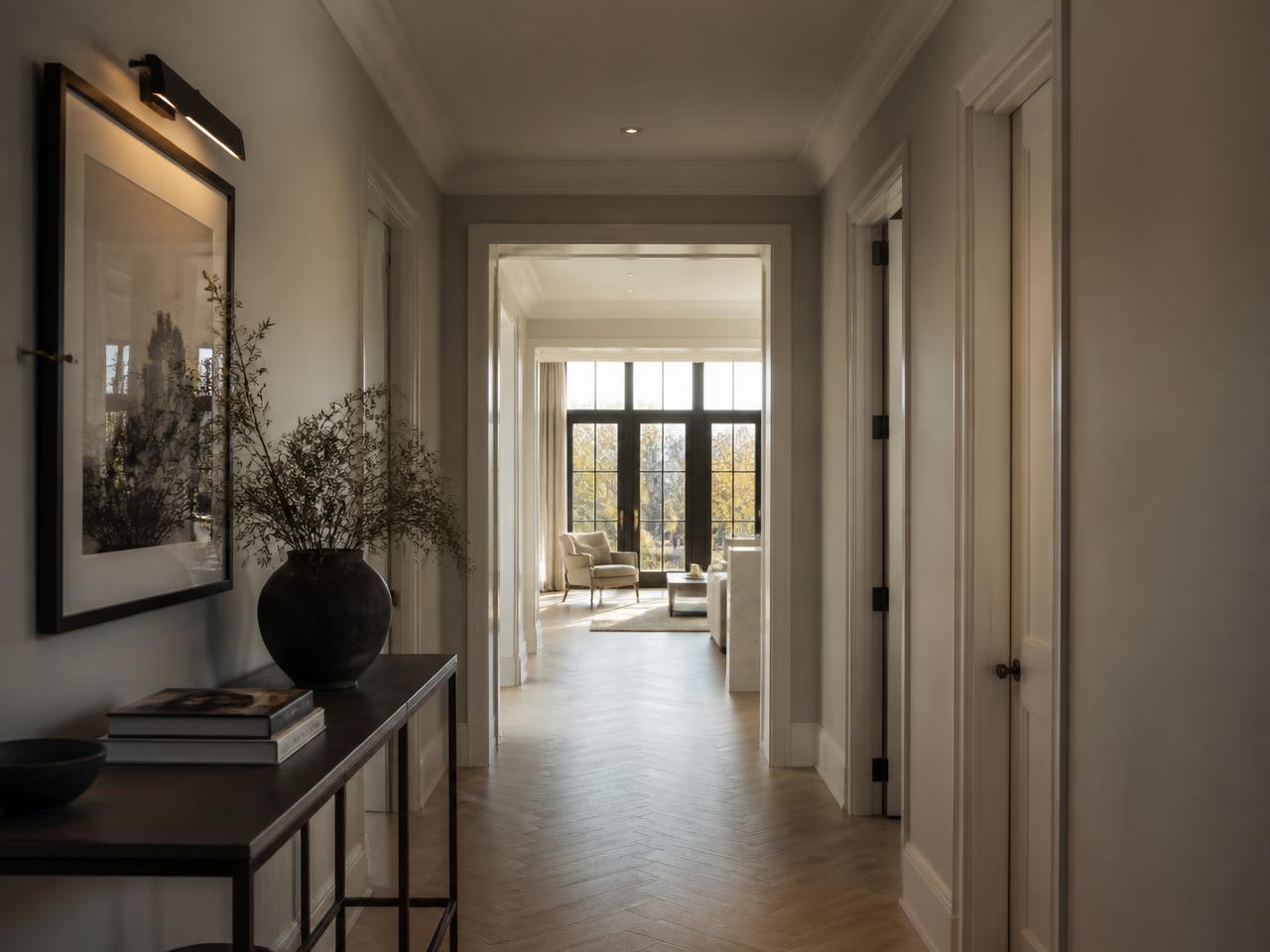 Still frame from a real estate video walkthrough showing a sunlit hallway and open living space