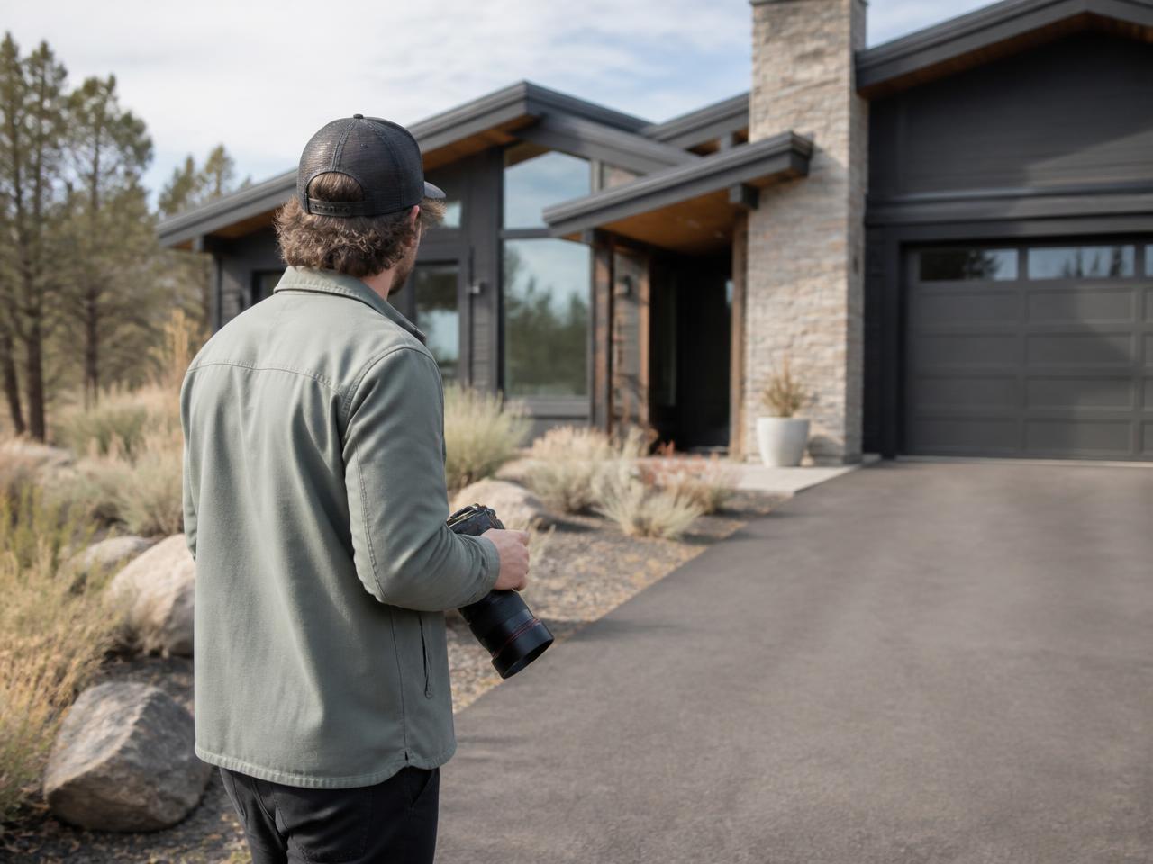 Real estate photographer with a professional camera outside a modern Central Oregon home